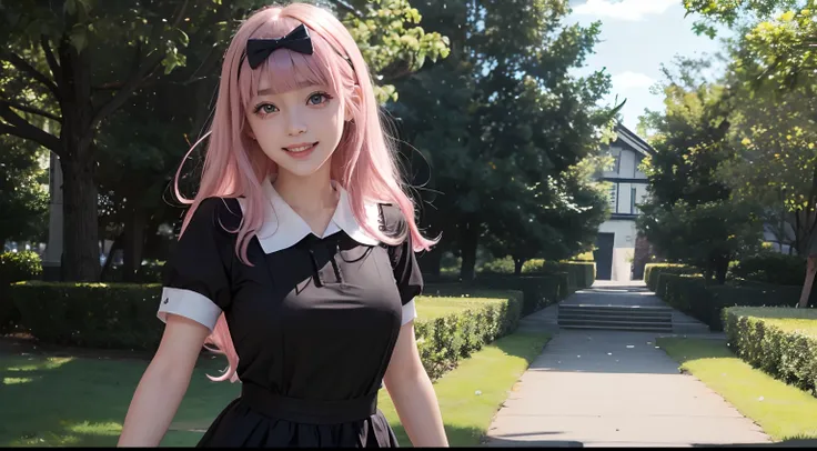 chika fujiwara, black bow, blue eyes, blunt bangs, hair bow, long hair, pink hair, black dress, dress, pinafore dress, school uniform, shirt, short sleeves, shuuchiin academy school uniform, white shirt, smiling, large breast