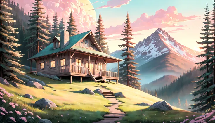 Surreal sunrise over enigmatic mountain cabin, surrounded by lush pine forests, with soft pastel colors and intricate details reflecting the harmony of nature.