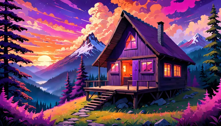 mysterious mountain cabin nestled amongst dense, psychedelic forests, with a breathtaking sunset sky casting vibrant, warm hues ...