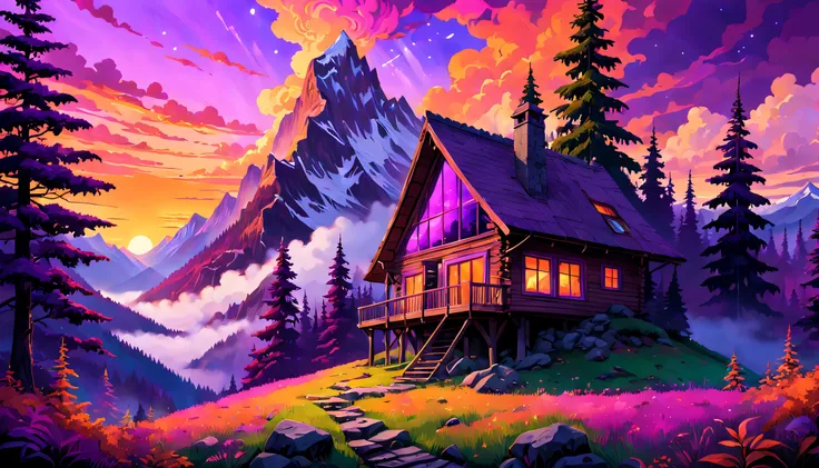 mysterious mountain cabin nestled amongst dense, psychedelic forests, with a breathtaking sunset sky casting vibrant, warm hues ...