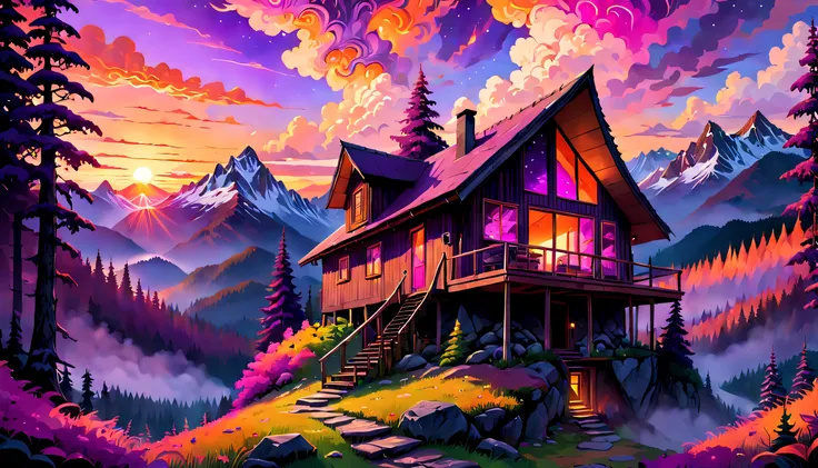 mysterious mountain cabin nestled amongst dense, psychedelic forests, with a breathtaking sunset sky casting vibrant, warm hues ...