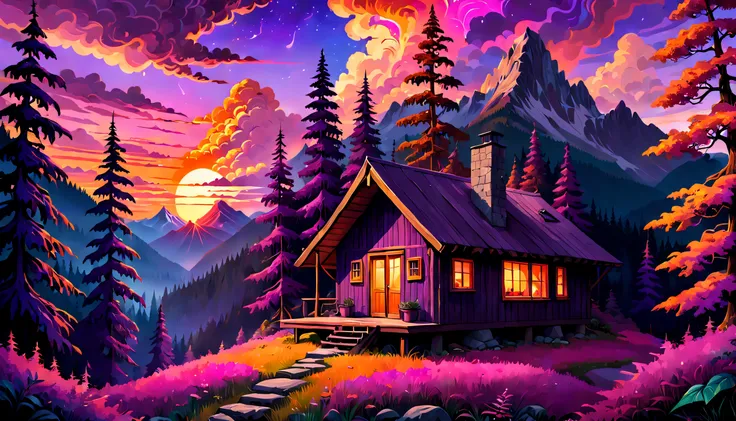 mysterious mountain cabin nestled amongst dense, psychedelic forests, with a breathtaking sunset sky casting vibrant, warm hues ...