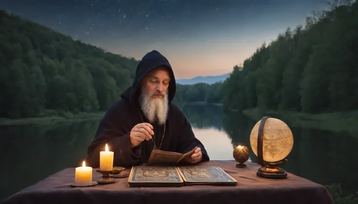 Hermit, Male 60 years old, Alone sitting at the table, greybeard, gray hairs, Beanie on the head, On the hat there is an emblem in the form of the zodiac sign Aries, Cloak Dark Blue, The cloak has a pattern of golden stars, Magic Ball on the Table, A deck ...