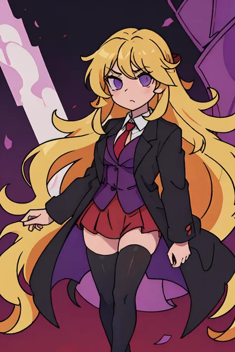 Full body art of an anime girl with long curly blonde hair and purple eyes. She is wearing an oversized black blazer over atight-fitting dress shirt with a red tie, sporting short black shorts and tights. She has a medium to big-sized bust. Expressing a bl...