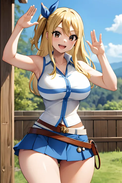 masterpiece, best quality, highres, lucy heartfilia, blonde hair, long hair, large breasts, white shirt, sleeveless, belt, blue skirt, cowboy shot, standing, looking at viewer, outdoors, waving, smile, open mouth,