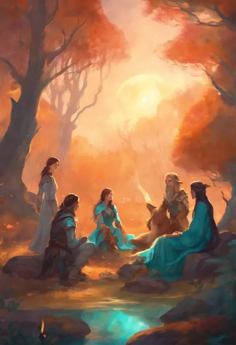 A group of adventurers resting in a clearing around a campfire teal hues magic