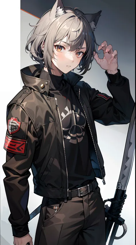 Young guy, gray curly hair, Bob hairstyle, brown eye, cat ears, Grey Combat Jacket, breeches, claws, fiery sword, Masterpiece, hiquality, 4k, HD, Good detail