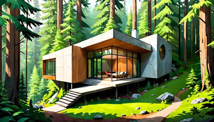 An unexpectedly modern and geometric cabin in the woods, appearing as an organic blend of nature and technology, with lush, vivid forest surroundings, capturing both the serene beauty of the environment and the daring angular architecture in an eye-catchin...