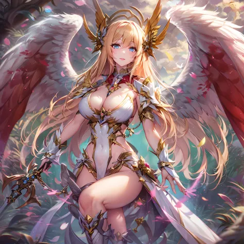 Quality over 8K, a female angel,Sexy,Long Blonde Hair,Anime,Goddess,Symmetrical blue eyes,Ultra detailed eyes,Transparent lingerie,forest,Sword,golden wings,Full body,hyperdetailed lips, hyperdetailed face, Double eyelids, Ultra Detailed feet,で,Beautiful l...