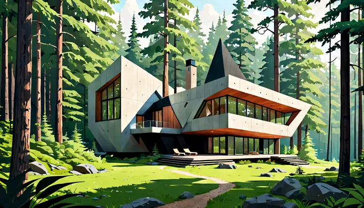 An unexpectedly modern and geometric cabin in the woods, appearing as an organic blend of nature and technology, with lush, vivid forest surroundings, capturing both the serene beauty of the environment and the daring angular architecture in an eye-catchin...