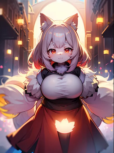 furry, white fur, ultra cute face, red elements on fur, glowing t-shirt, skirt, beautiful lights and shadows, ambient light, ultra detailed fur, volumetric light, Cat girl, big boobs, thicc, plump, chubby