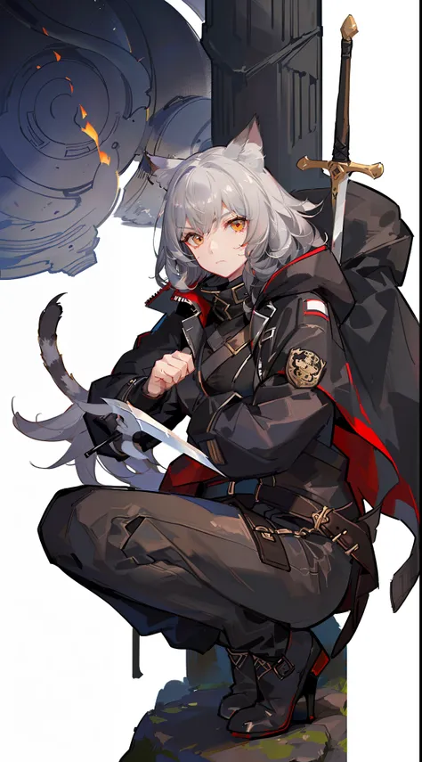 Young guy, gray curly hair, Bob hairstyle, brown eye, cat ears, Grey Combat Jacket, breeches, claws, fiery sword, Masterpiece, hiquality, 4k, HD, Good detail