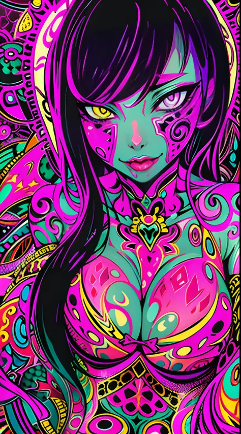 Seductive psychedelic horror, Trippy Hentai, body horror, having sex, real breasts, surreal Sex, LSD trip, sensual, psychedelic sex, provocative, colorful, glowing