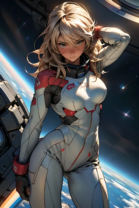 sandy hair fit body large breasts slender thighs slender waist pilot suit solo looking at viewer in space long hair blushing determination, 8k, extreme detail,