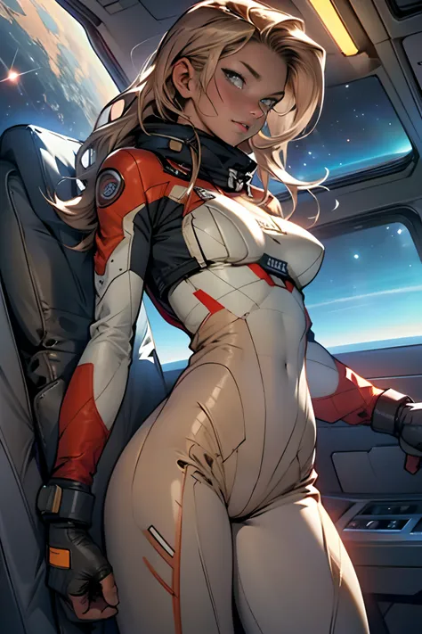 sandy hair fit body large breasts slender thighs slender waist pilot suit solo looking at viewer in space long hair blushing determination, 8k, extreme detail,