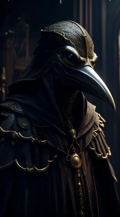 Arafed Bird wearing a black and gold costume standing in a dark room, Kenku, the plague doctor, plague doctor, detailed cinematic render, arte do personagem do motor irreal, cinematic unreal engine 5, unreal engine cinematic, wizard hat cinematic lighting,...