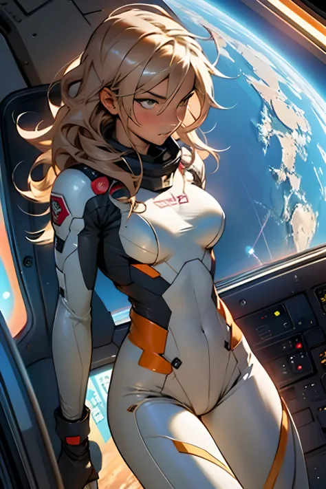 sandy hair fit body large breasts slender thighs slender waist pilot suit solo looking at viewer in space long hair blushing determination, 8k, extreme detail,