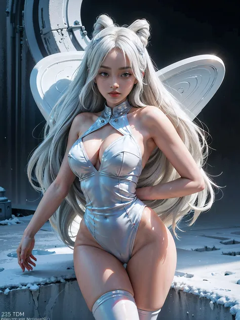 25-year-old girl with rabbit ears posing in the snow, suntanned skin, perfect white haired girl, 3d rendered character art 8 K, trending on cgstation, in a white bodysuit, with white long hair, The Goddess of Winter, sexypose, Curved body, (intricate detai...