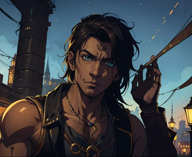 1 homem lindo com tattuagem Steampunk, An art for an RPG A non-human night background of the city ((Very detailed strokes))