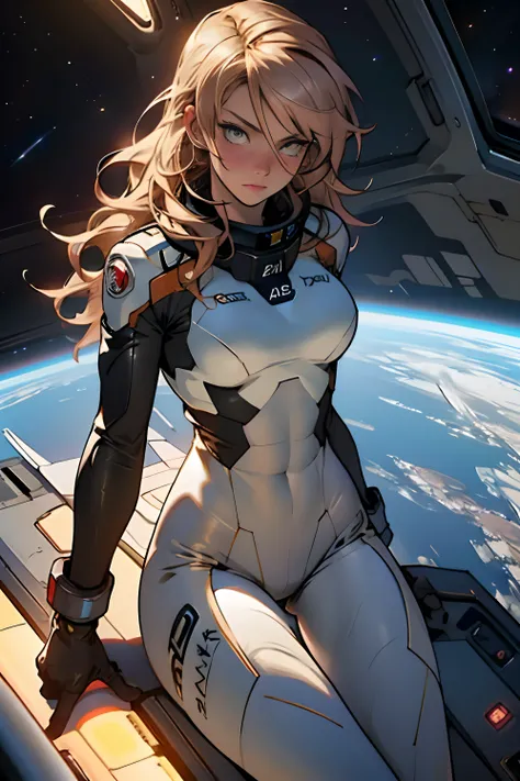 sandy hair fit body large breasts slender thighs slender waist pilot suit solo looking at viewer in space long hair blushing determination, 8k, extreme detail,