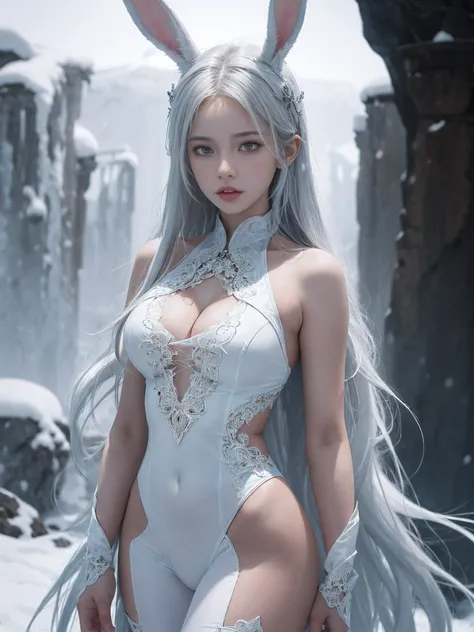 25-year-old girl with rabbit ears posing in the snow, suntanned skin, perfect white haired girl, 3d rendered character art 8 K, trending on cgstation, in a white bodysuit, with white very long hair, The Goddess of Winter, sexypose, Curved body, (intricate ...