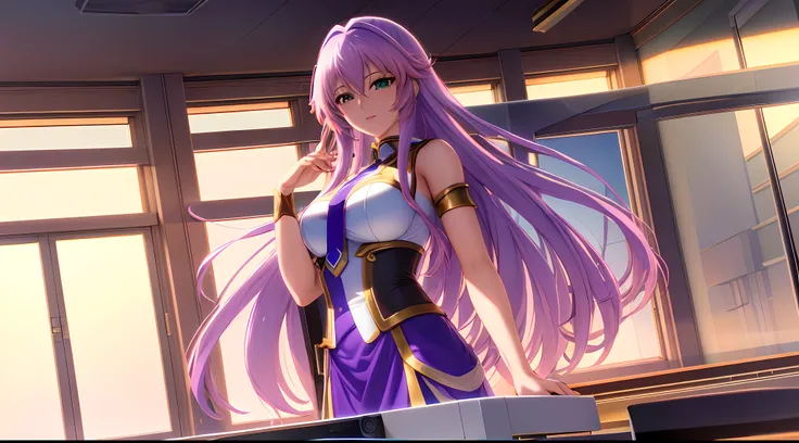 Saint seiya Athena with plain long light purple hair,hair between eyes,green eyes,rosy cheeks,full lips,thin eyebrows,slender body,wearing black coat necktie and full long skirt,praying beads on neck,cute anime girl,full body,classroom computer in backgrou...