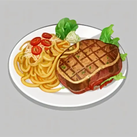 Steak pasta，Lettuce leaves，noodle，Authentic texture，Appetite，delicacies，The bottom is low and more deformed，stylised