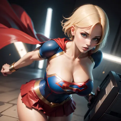 Beautiful woman short hair defined body big breasts, wearing Supergirl cosplay