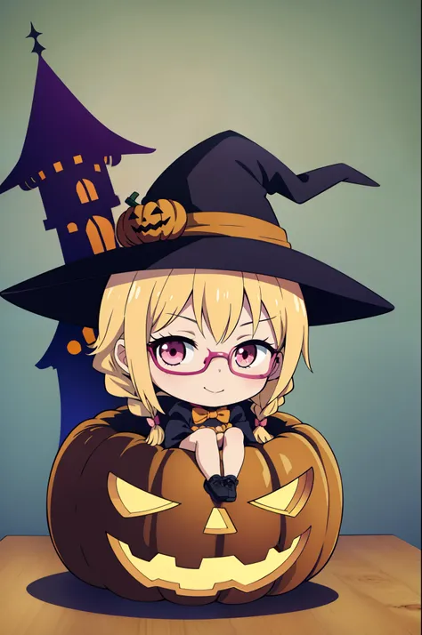 Chibi girl, blonde hair braid, smiling, sitting on the pumpkin, halloween, pink eyes