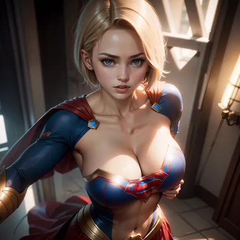 Beautiful woman short hair defined body big breasts, wearing Supergirl cosplay