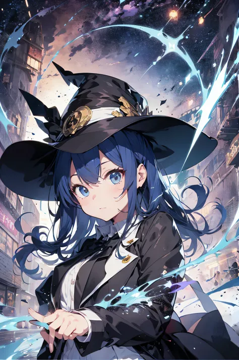 Dressed in a tuxedo and top hat、Anime character with a magic wand, female mage, long blue hair, marin kitagawa fanart, anime moe art style, magia, Black - Hair Wizard, Official Character Art, magic uniform, nffsw, full portrait of elementalist, trigger ani...