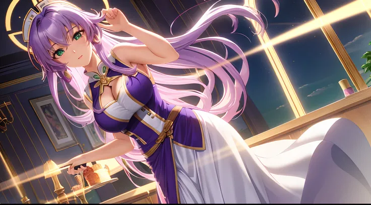 Saint seiya Athena with plain long light purple hair,hair between eyes,green eyes,rosy cheeks,full lips,thin eyebrows,slender body,wearing maid uniform and full long skirt,cute anime girl,full body,restaurant in background,anime style,Lumen Reflections,Scr...