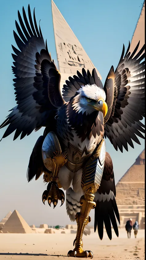 Animalrizz   (( eagle )) 10, 2 eagles fighting each other.,master-piece, highres, Absurd,photorealistic portrait, Parley_armature,Egypt,Pyramids, Cute Robot Eagle,In armor ,sphinx,Wear Parley_armature, Massive futuristic armor, running, move,