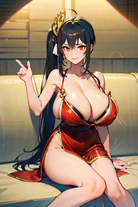 masterpiece, best quality, ultra high res, beautiful detailed hair detailed face, perfect feminine face, an anime drawing inspired by Torii Kiyonobu I, pixiv, (((attractive taihou))), azur lane, twintails hair, ((gigantic breasts:1.5)), (huge cleavage), ah...