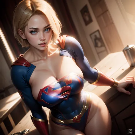 Beautiful woman short hair defined body big breasts, wearing Supergirl cosplay