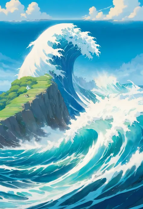 In this breathtaking depiction, the mighty ocean wave stands tall, a colossal wall of liquid energy. Its crest, adorned with foamy white peaks, reaches towards the sky in a triumphant display of natures power. The deep azure of the water glistens in the su...