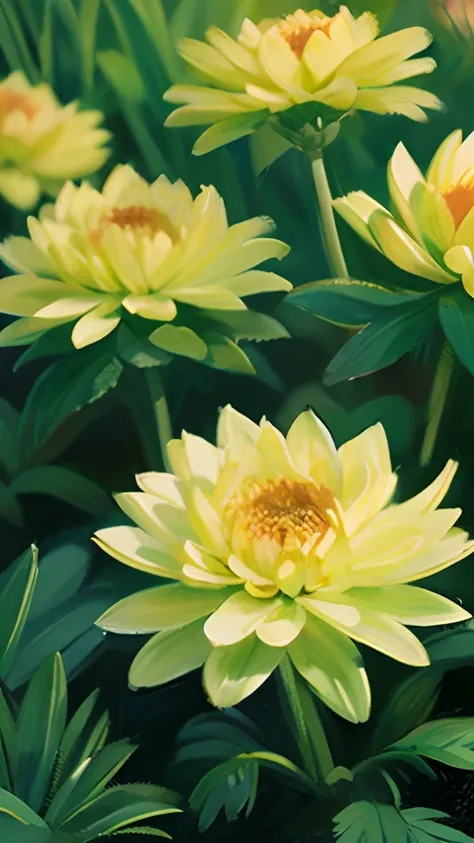 Small chrysanthemums in the grass，(((oil painted)))，Propylene coatings