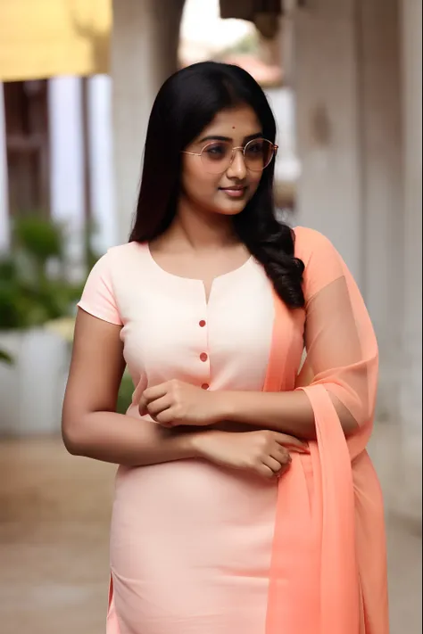 mid 20s indian female, brown skinned, pink kurta, in shades of peach, with lovely look, very beautiful photo, with soft pink colors, lovely woman, candid photo