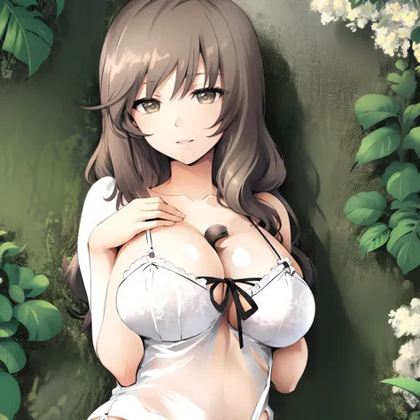 masutepiece, 1womanl, (((Solo))), of the highest quality, Hi-Res, 4K, cleavage, ((White sheer lingerie)), Large breasts