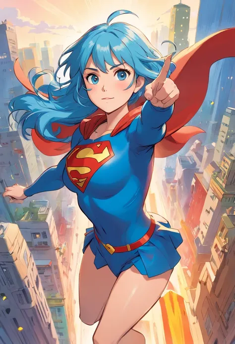 A cartoon illustration of a brightly colored blue-haired woman flying in a superhero costume, Supergirl, Super poderes, Super heroes, super poder, super mesclar, super herois, super hero, Superheroíne, Superpoderes, Super Modelo, next gen, Superhero portra...