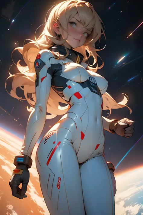 sandy hair fit body large breasts slender thighs slender waist pilot suit solo looking at viewer in space long hair blushing determination, 8k, extreme detail,