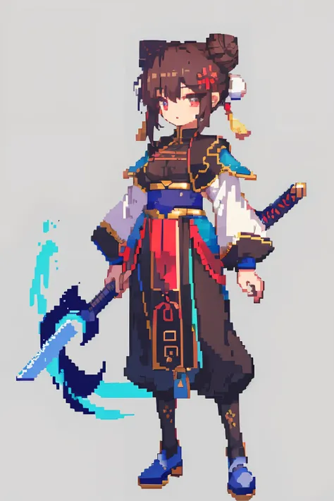 （tmasterpiece，top quority，best qualtiy），pix，pixelart，teens girl，positive spirit，face value，taoist, brown hair, black long sword,...