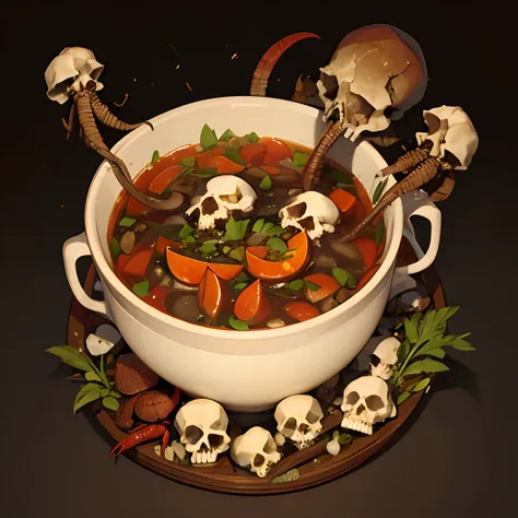 A pot of fresh soup，There are skulls and scorpions floating inside and centipedes and mushrooms，Eerie art style