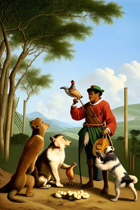 Dog, Monkey and pheasant receiving sugarcane dumplings