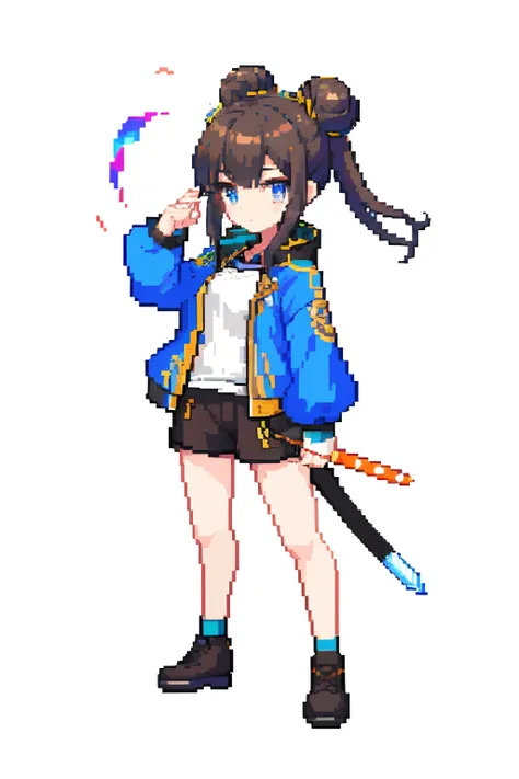 （tmasterpiece，top Quority，best qualtiy），pix，pixelart，teens girl，Positive spirit，Face value，Taoist, Brown hair, black long sword,Tai Chi pattern，Two hair buns，Yin and Yang Taoist，blue hairs，Cloth shoes,jaqueta com capuz, chill out, It has a refined pixel st...