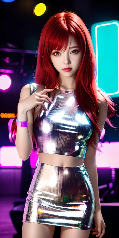 Full-body portrait, 1girl, redhead, realistic hair, chilling in a nightclub, colorful neon lights, wearing a casual cybepunk mini dress, silver aviator sunglasses, diamond surface, cool vibes, nurturing gesture, depth of field, bokeh background