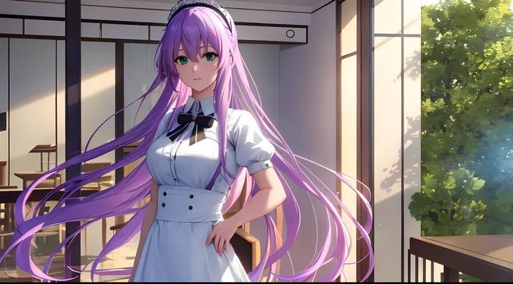 Athena with plain long light purple hair,hair between eyes,green eyes,rosy cheeks,full lips,thin eyebrows,slender body,wearing maid uniform and full long skirt,cute anime girl,full body,restaurant in background,anime style,Lumen Reflections,Screen Space Re...