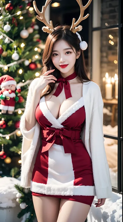 detail, Beautiful Girl, Korean Makeup, Red lips, Smile slightly:, Thigh, Platinum Hair, Slim body, Big breasts, Christmas Costumes, Christmas Accessories, Christmas Decorations, Christmas tree, Christmas Reindeer, led lights, All about Christmas, Snowy lan...