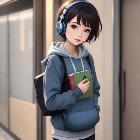 girl with short hair wearing headphones carrying a book wearing a hoodie