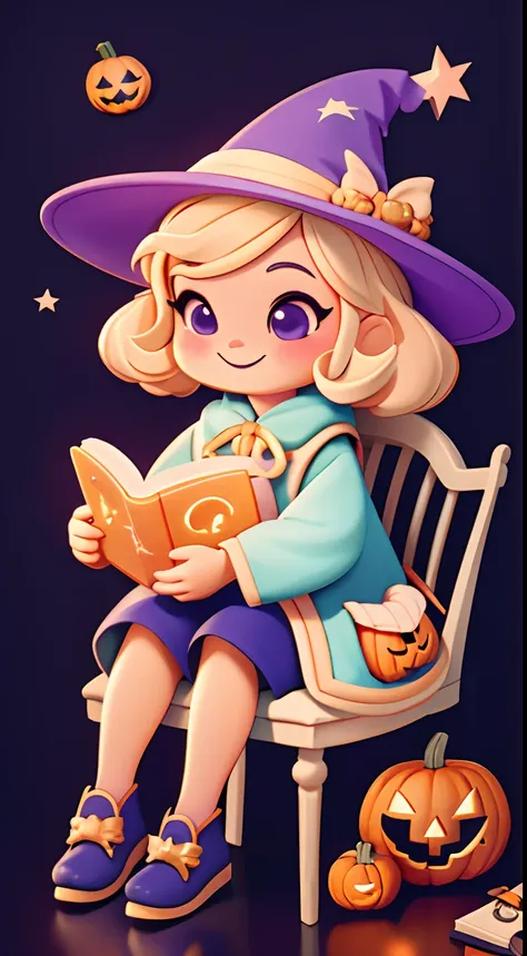 cute halloween theme、full body esbian、a smile、 the wand and the magic book、glamorous hat、halloween accessories、draw clothes butt...